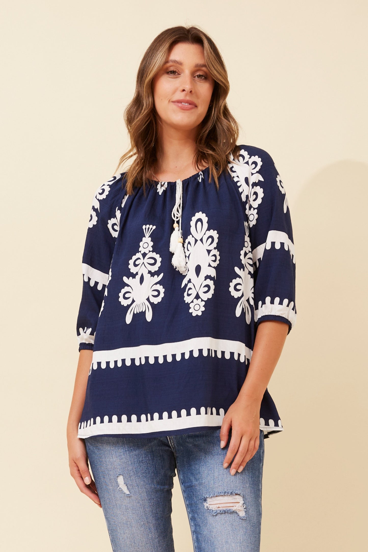 Boho Border Print Top blue