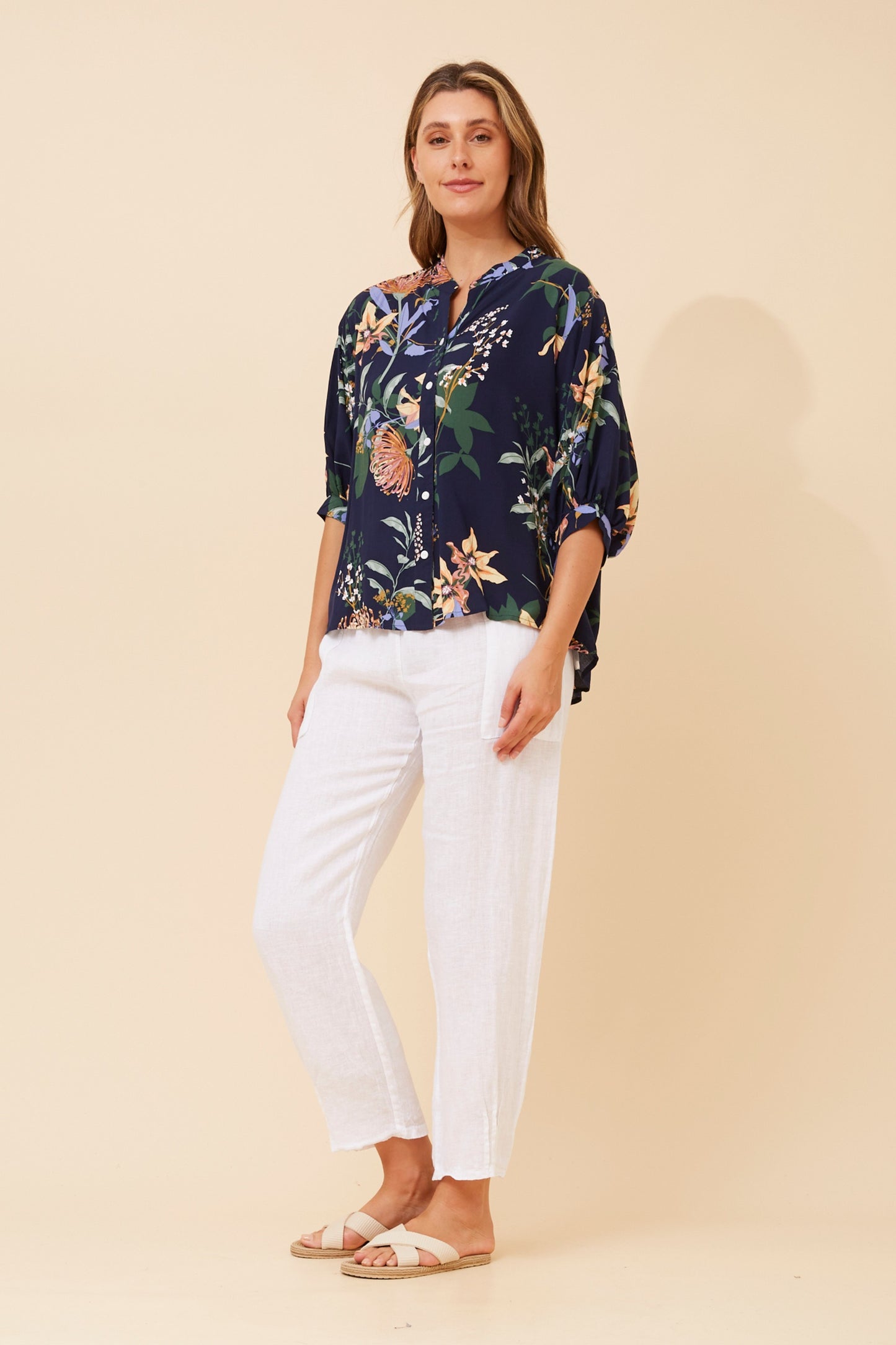 BELINA Floral Navy Blouse – Lightweight Relaxed Fit V-Neck Top for Women