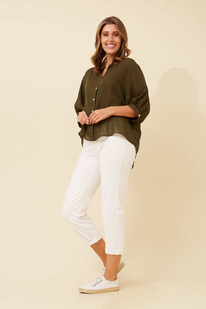 Belina Solid Shirt. Relaxed fit, soft texture, and subtle back button