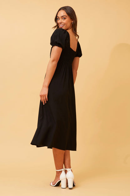 Black Midi Dress – Puff Sleeve Bow Front Design