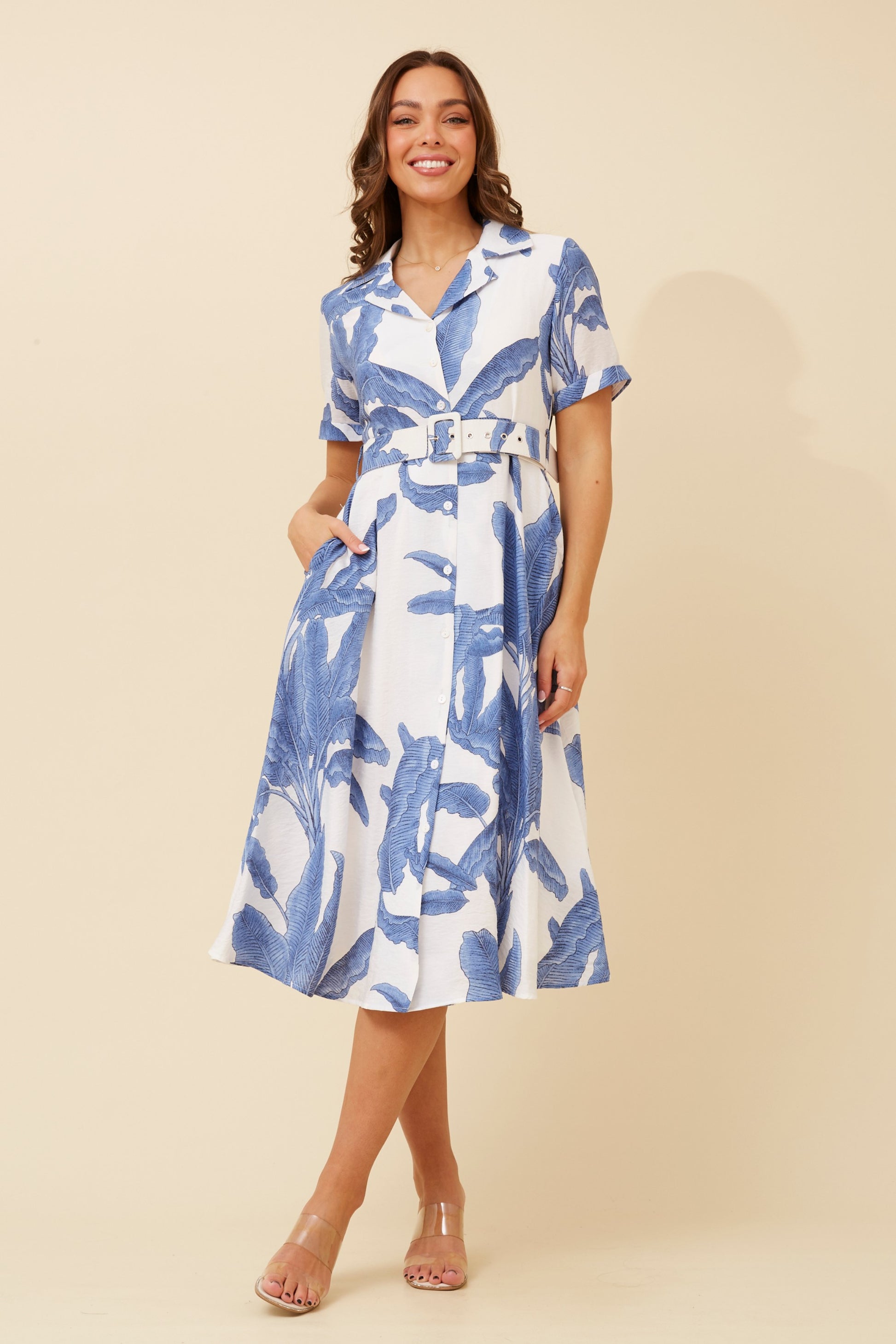 Blue Leaf Print Shirt Dress –