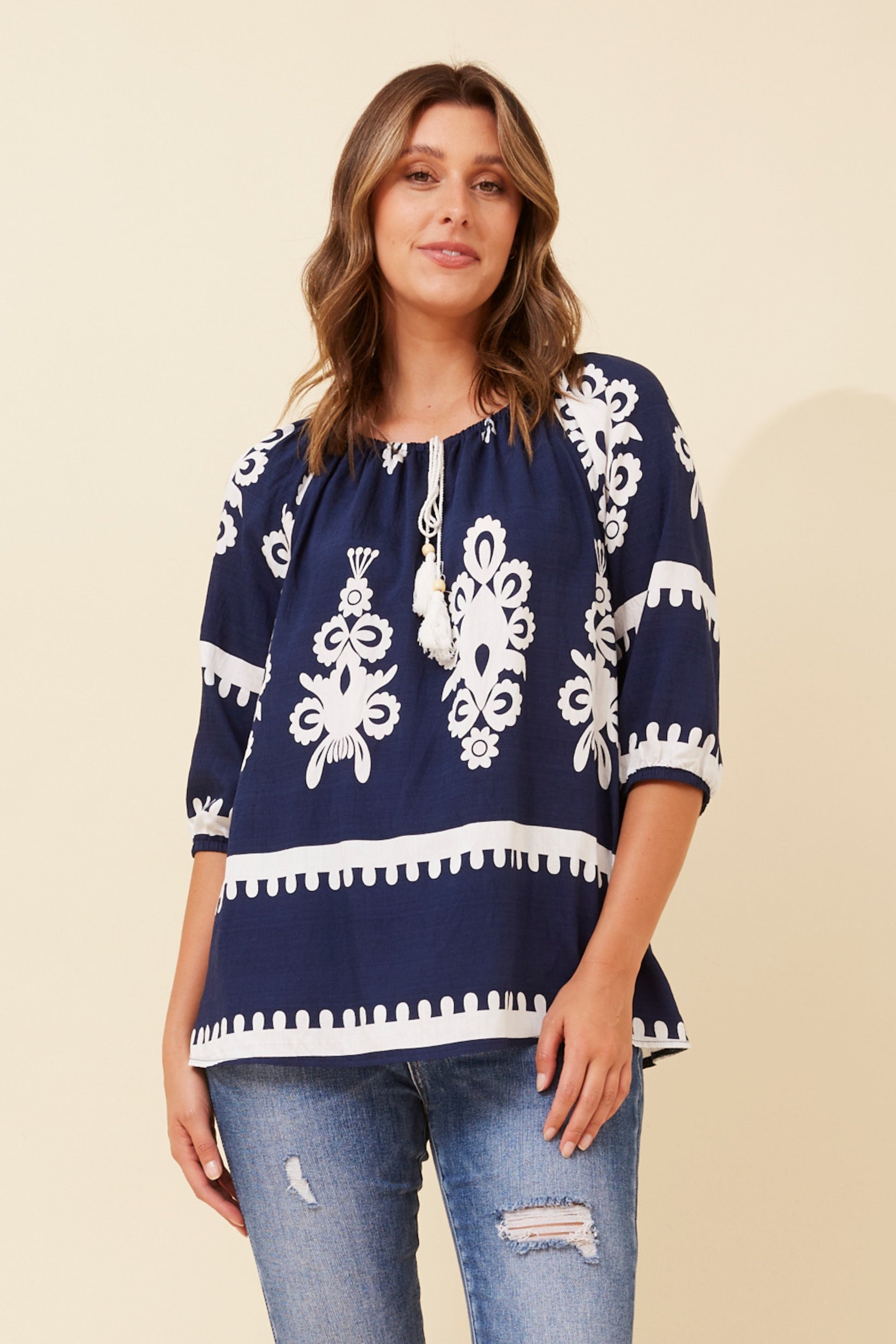 Boho Border Print Top blue
