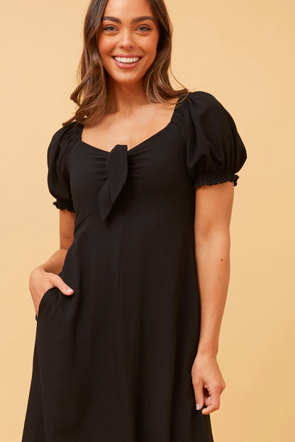 Bow Front Dress – Black Midi with Puff Sleeves