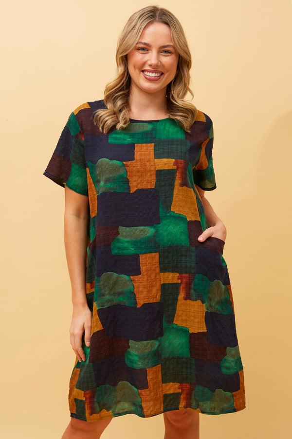 VINE ABSTRACT PRINT SHIFT DRESS JADE