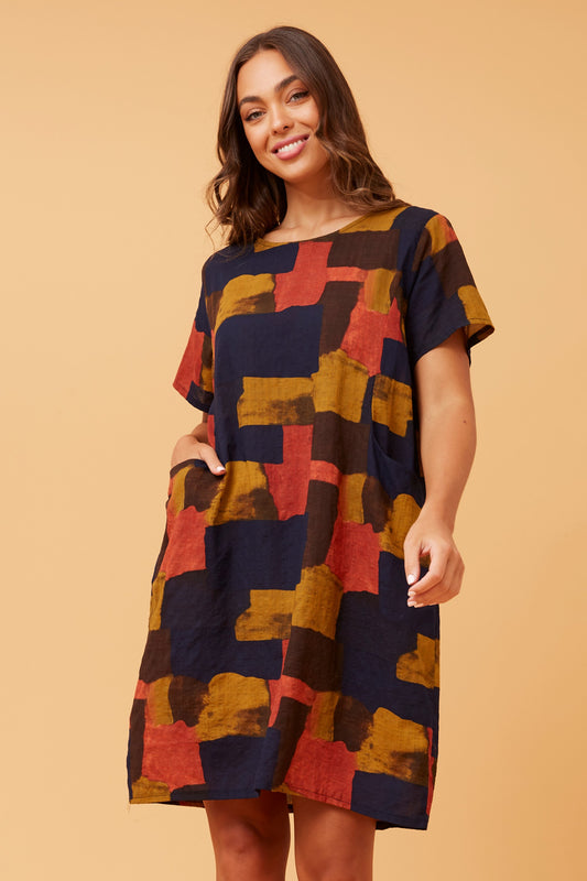 VINE ABSTRACT PRINT SHIFT DRESS NAVY