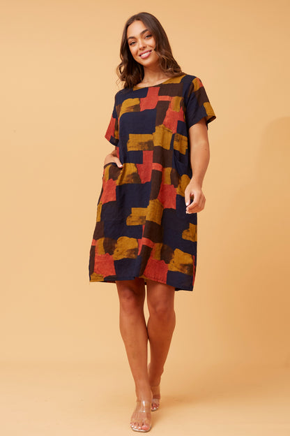 VINE ABSTRACT PRINT SHIFT DRESS NAVY