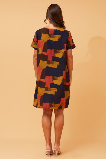 VINE ABSTRACT PRINT SHIFT DRESS NAVY