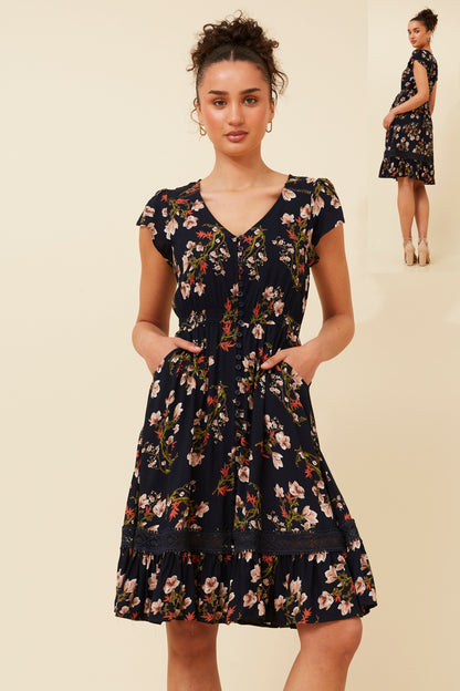 MOROCCO FLORAL KNEE LENGTH DRESS NAVY