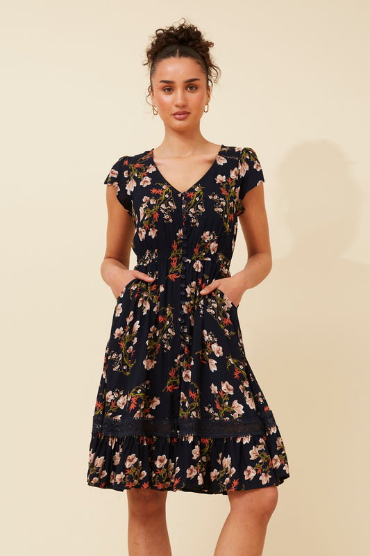 MOROCCO FLORAL KNEE LENGTH DRESS NAVY