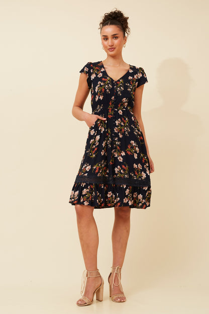 MOROCCO FLORAL KNEE LENGTH DRESS NAVY
