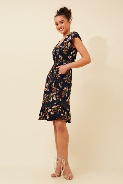 MOROCCO FLORAL KNEE LENGTH DRESS NAVY