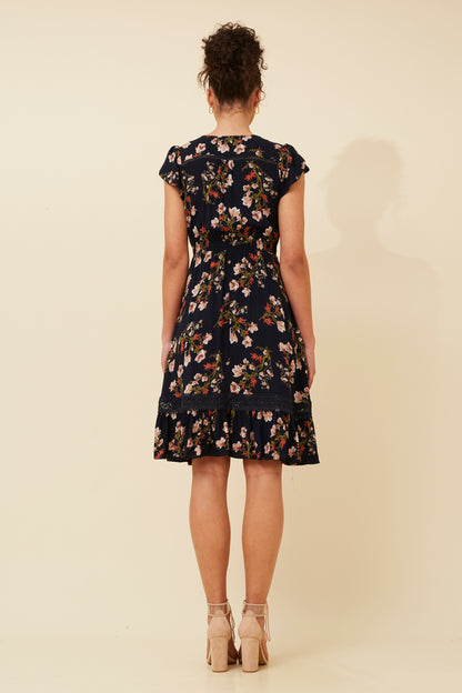 MOROCCO FLORAL KNEE LENGTH DRESS NAVY