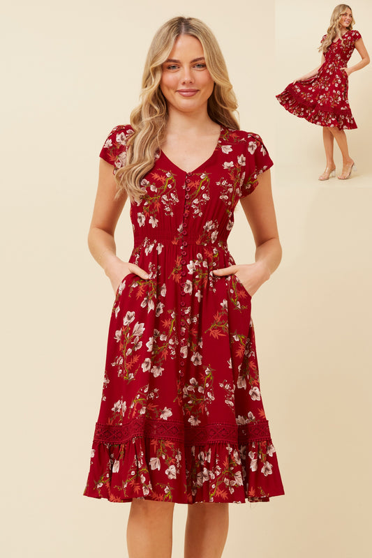 MOROCCO FLORAL KNEE LENGTH DRESS RED