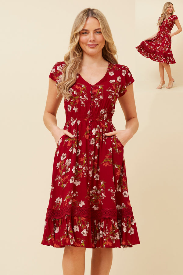 MOROCCO FLORAL KNEE LENGTH DRESS RED