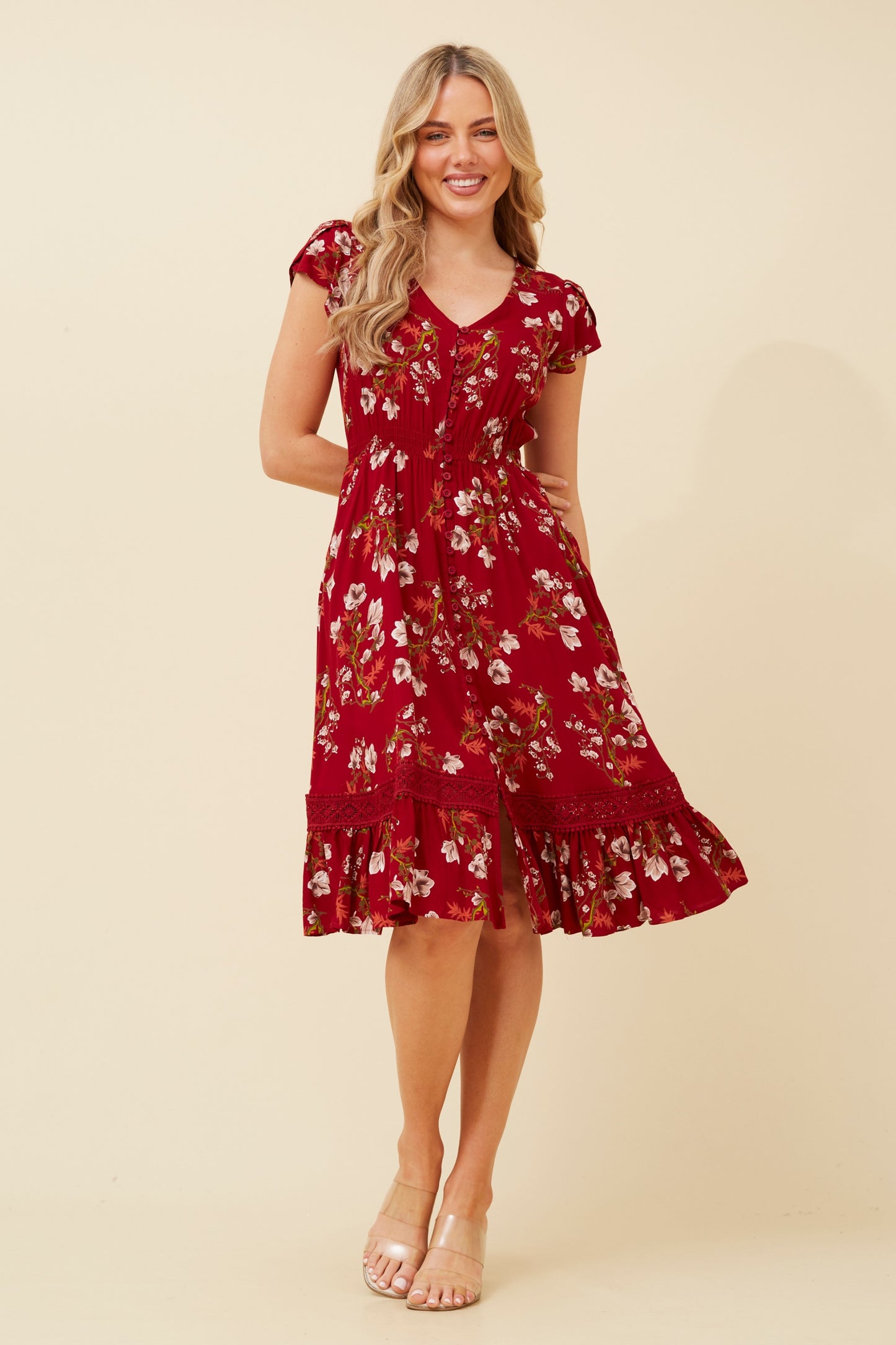 MOROCCO FLORAL KNEE LENGTH DRESS RED