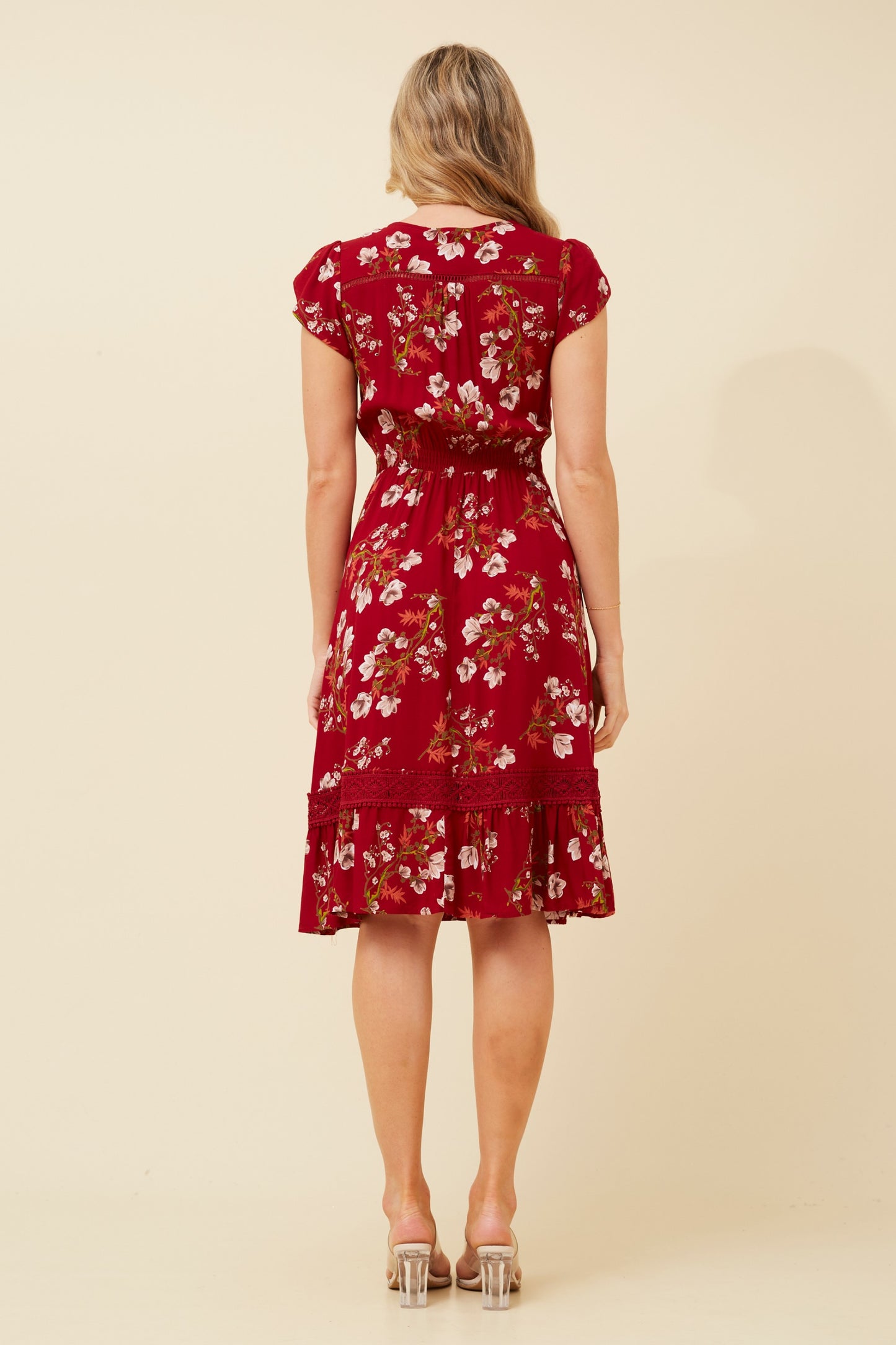 MOROCCO FLORAL KNEE LENGTH DRESS RED