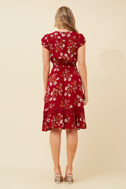 MOROCCO FLORAL KNEE LENGTH DRESS RED