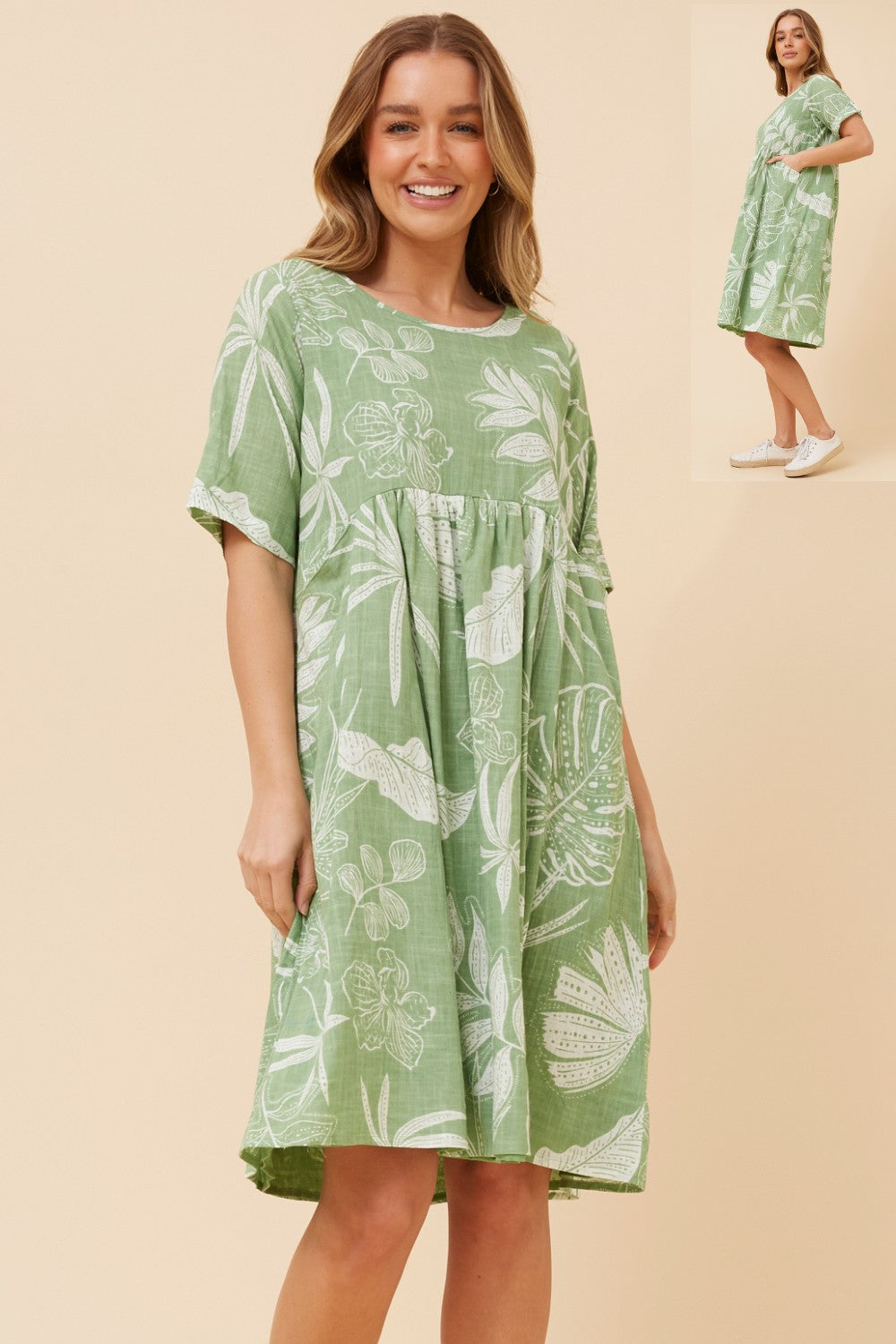 EUGENIE LEAF PRINT MIDI DRESS GREEN