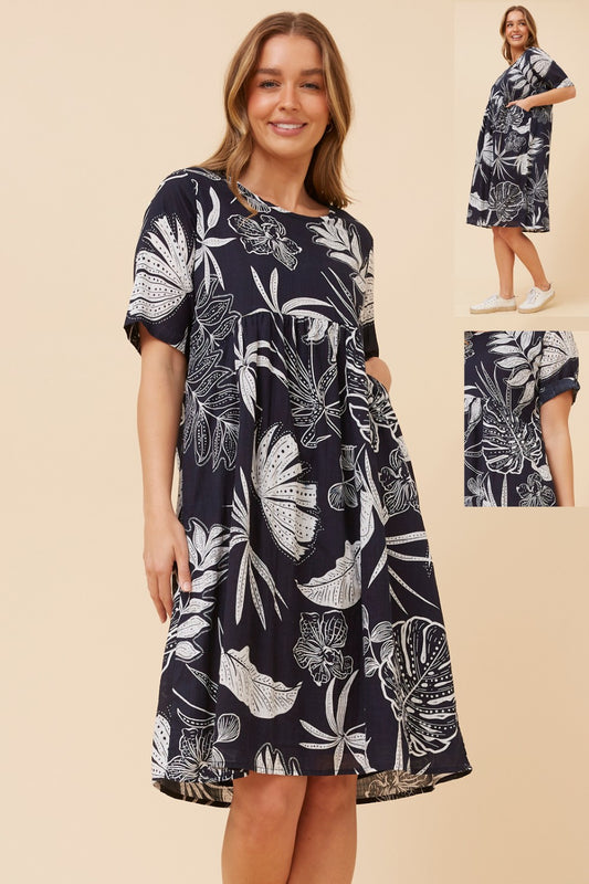 EUGENIE LEAF PRINT MIDI DRESS NAVY