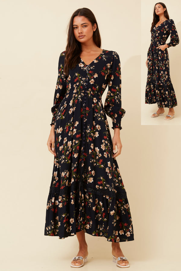 MARRAKECH FLORAL MAXI DRESS NAVY