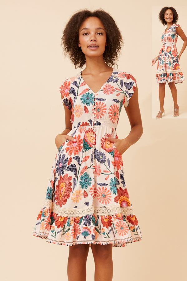 MOROCCO FLORAL KNEE LENGTH DRESS ORANGE