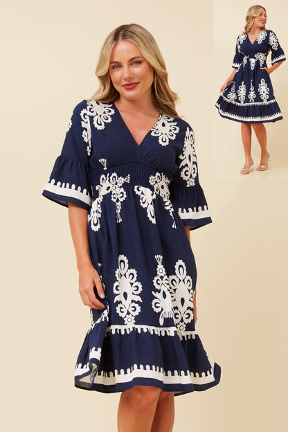 IZABELLA BORDER PRINT DRESS NAVY