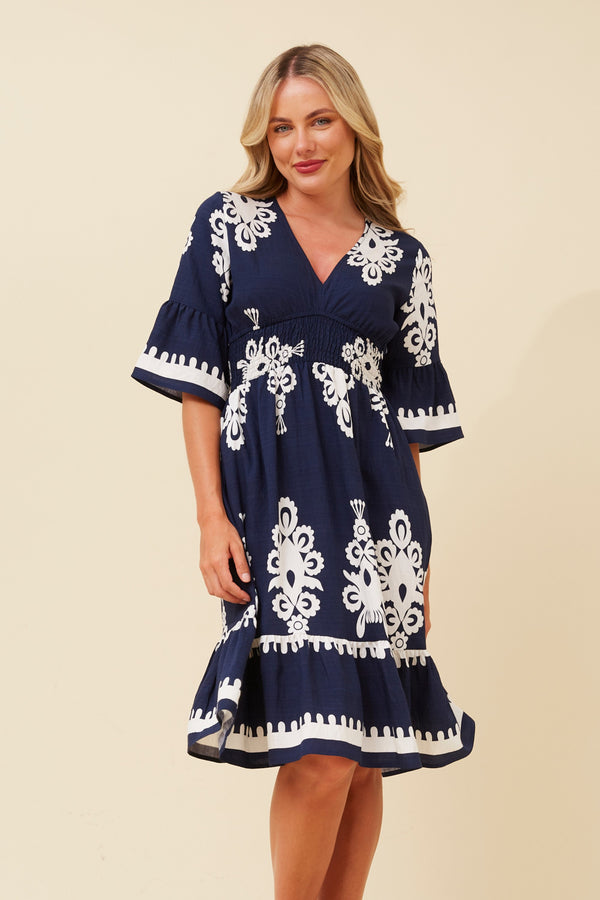 IZABELLA BORDER PRINT DRESS NAVY