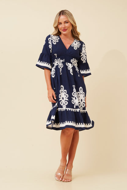 IZABELLA BORDER PRINT DRESS NAVY