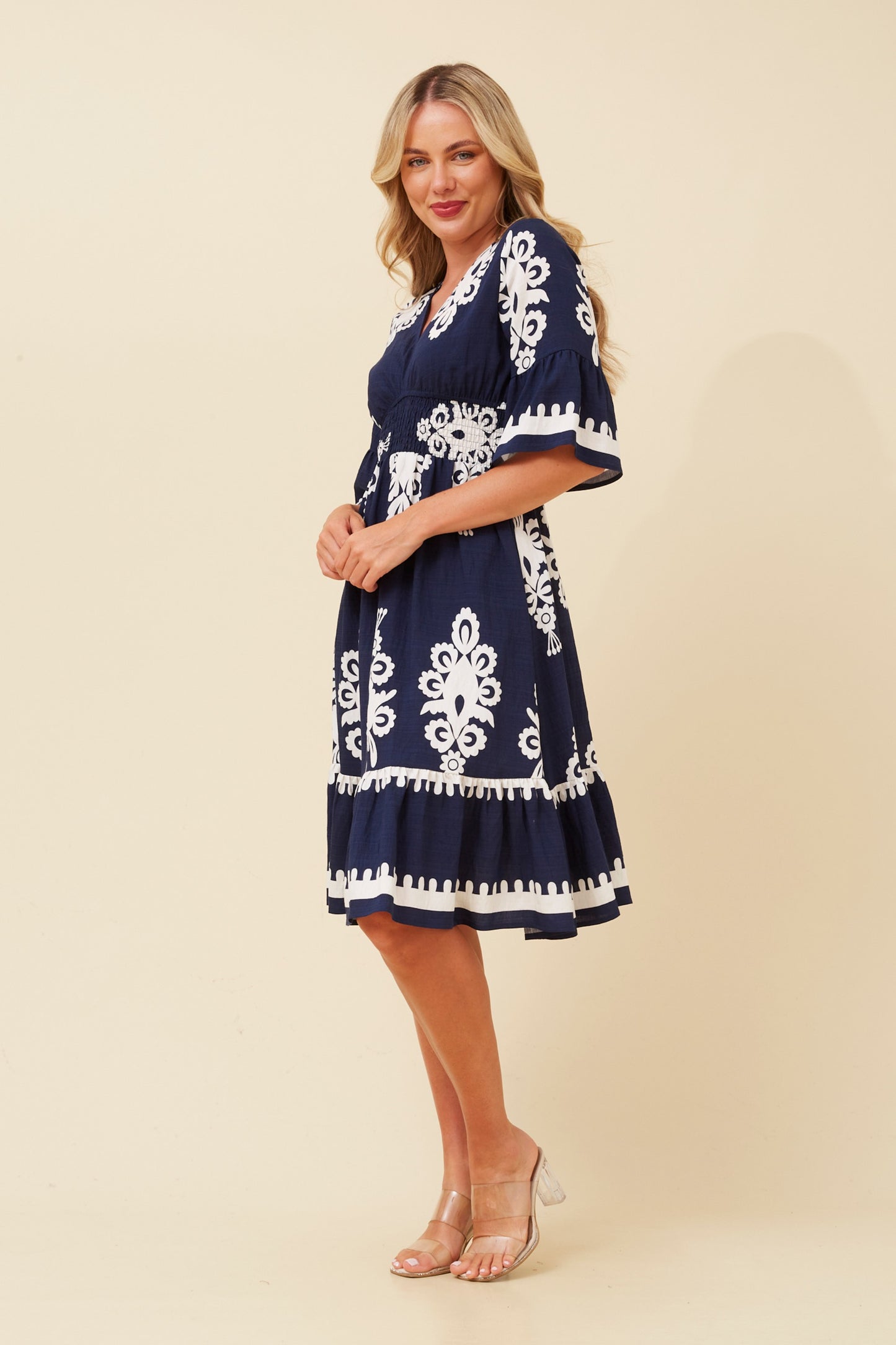 IZABELLA BORDER PRINT DRESS NAVY