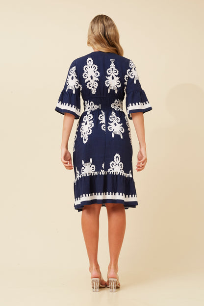 IZABELLA BORDER PRINT DRESS NAVY