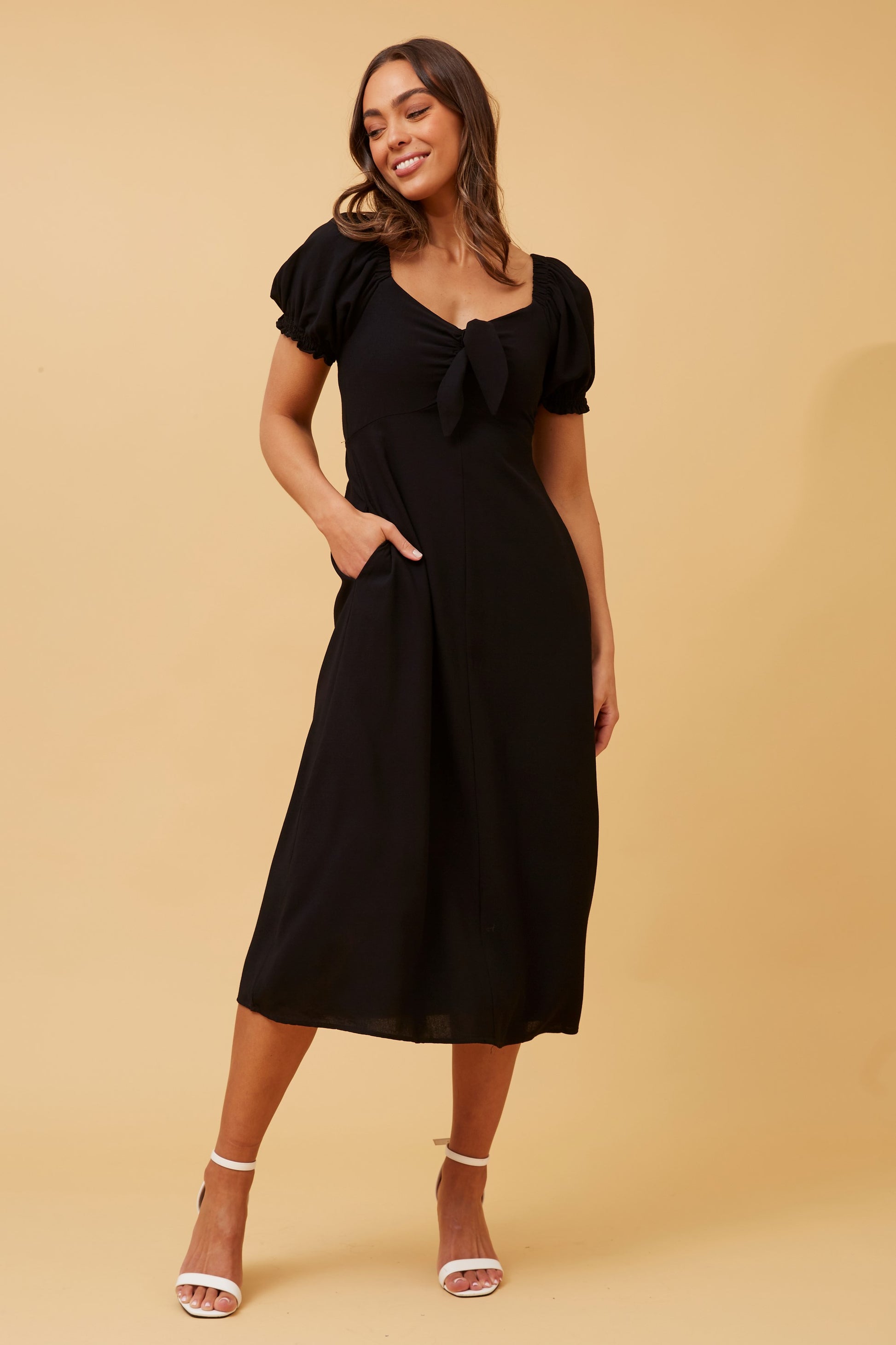 Elegant Bow Front Dress – Black Midi