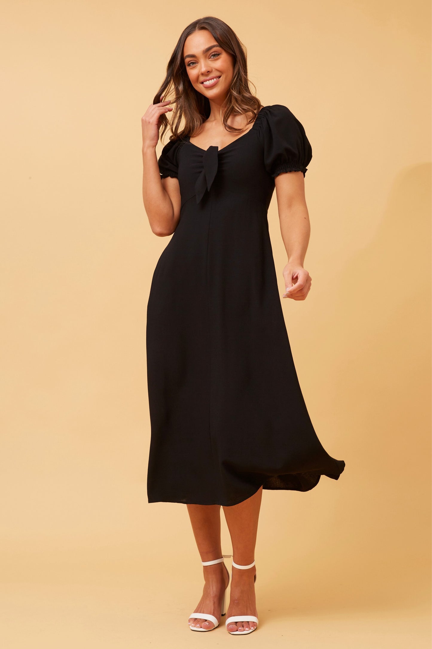Elegant Bow Front Dress – Black Midi with Timeless Fit