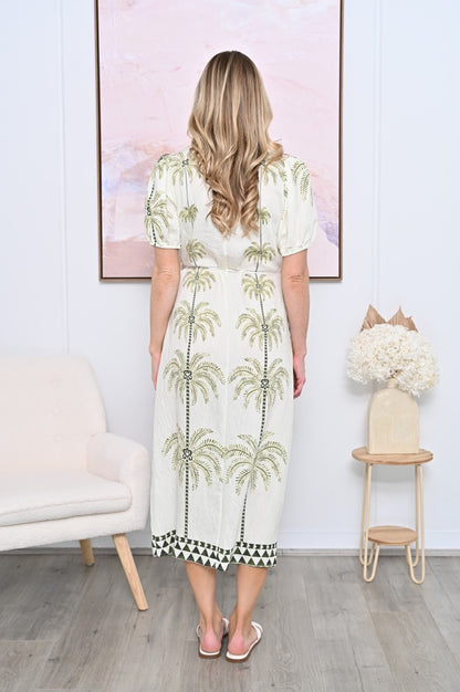 Elegant Santorini Palm Dress – Chic Midi Dress with Sleeves