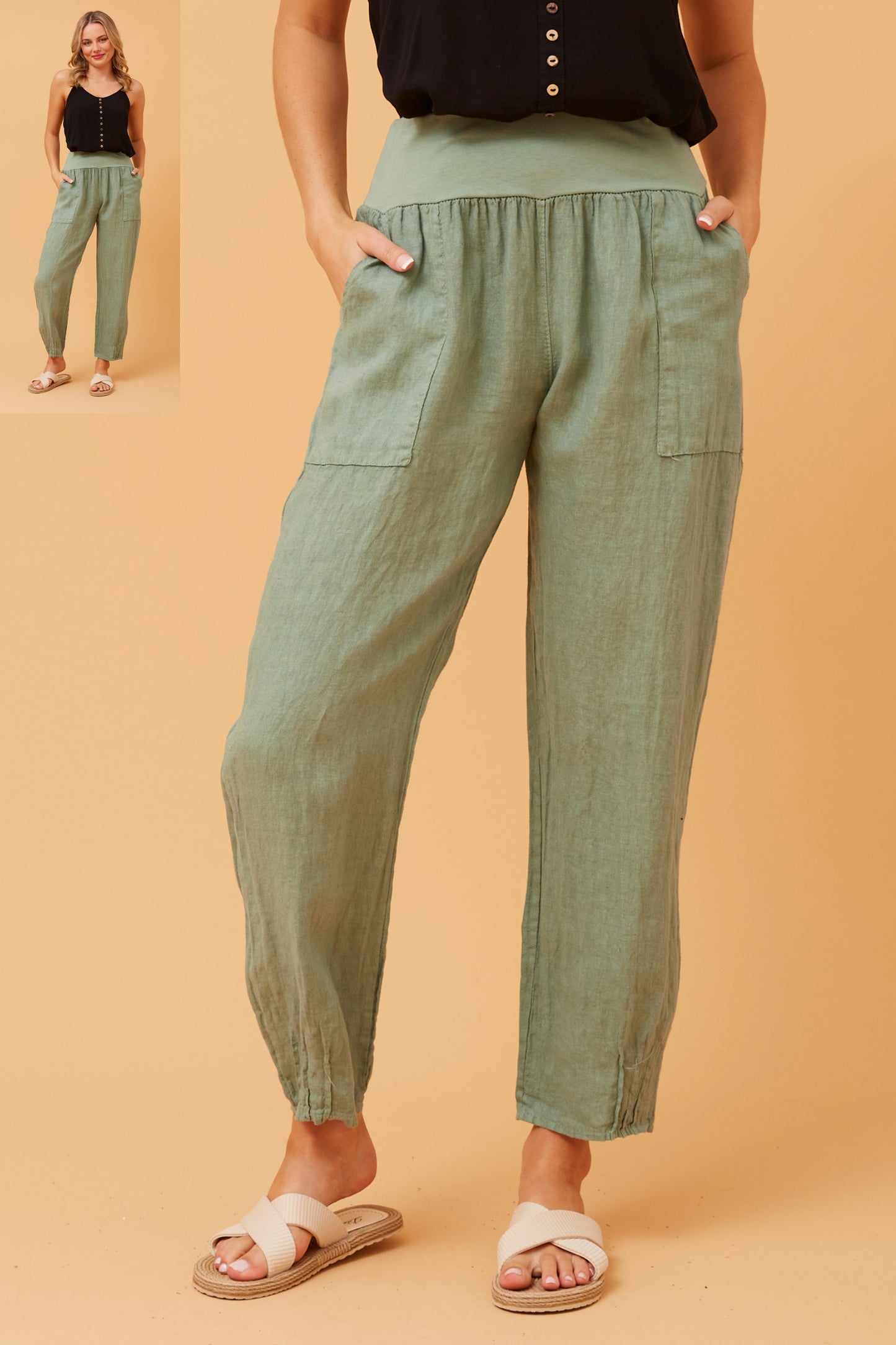 FINN Solid Linen Pants in Sage