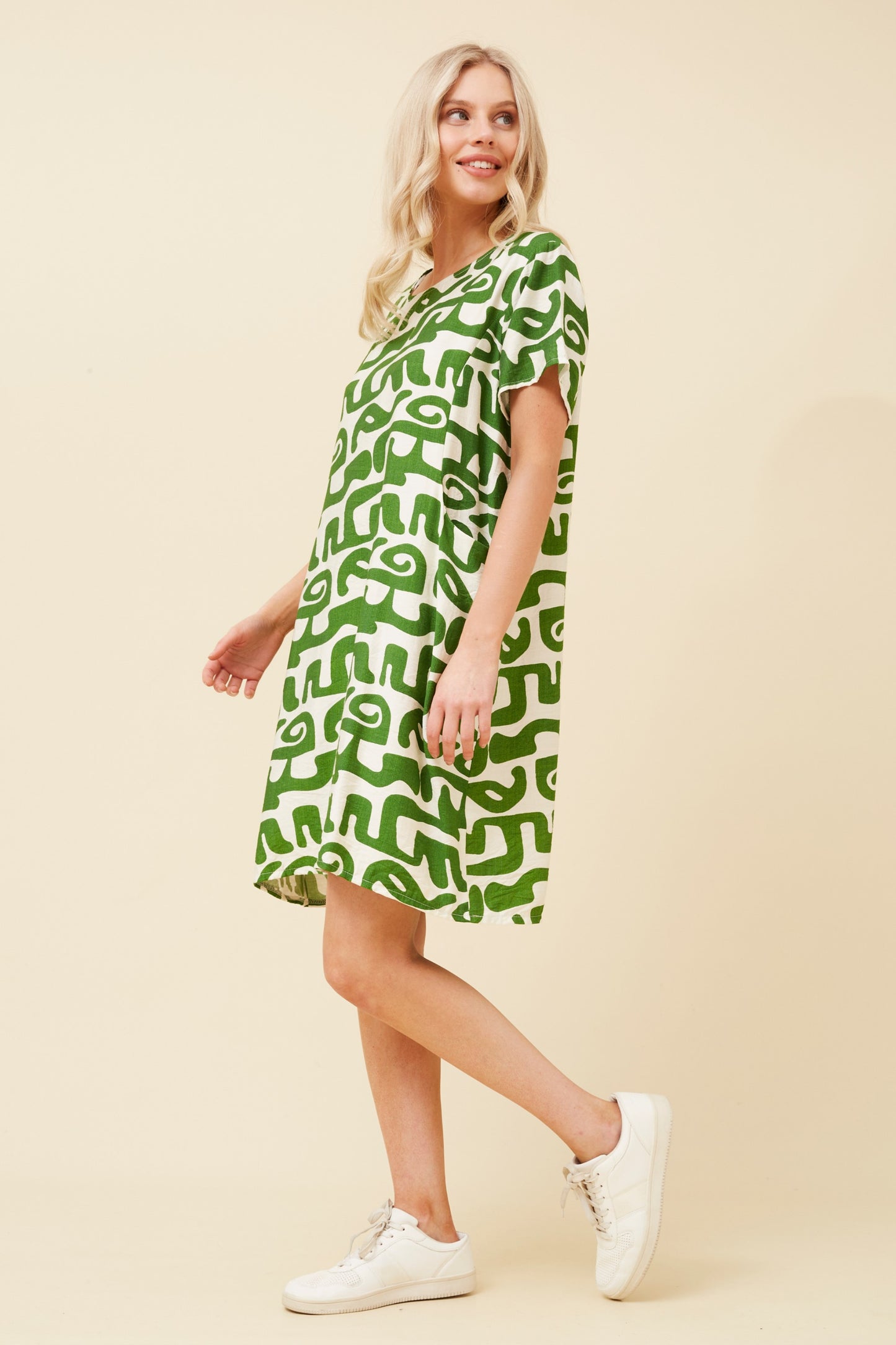 Green & White Printed Dress