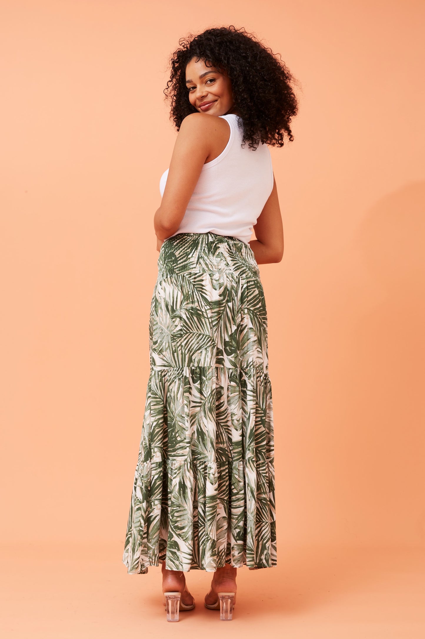Leaf Print Maxi Skirt – BETTINA Lightweight Tiered Long Skirt