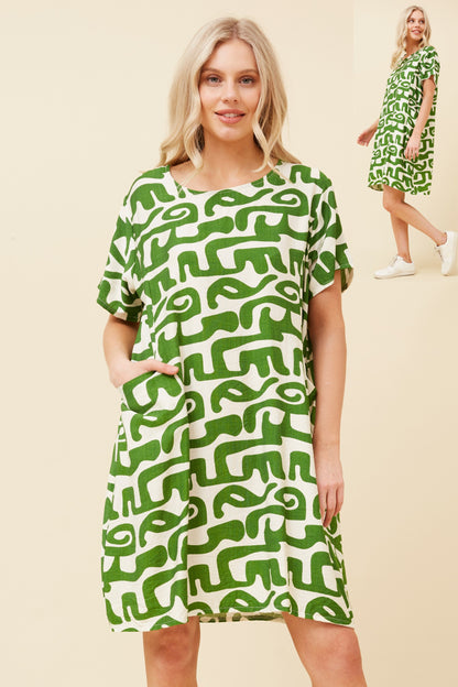 Printed Dress – Green & White