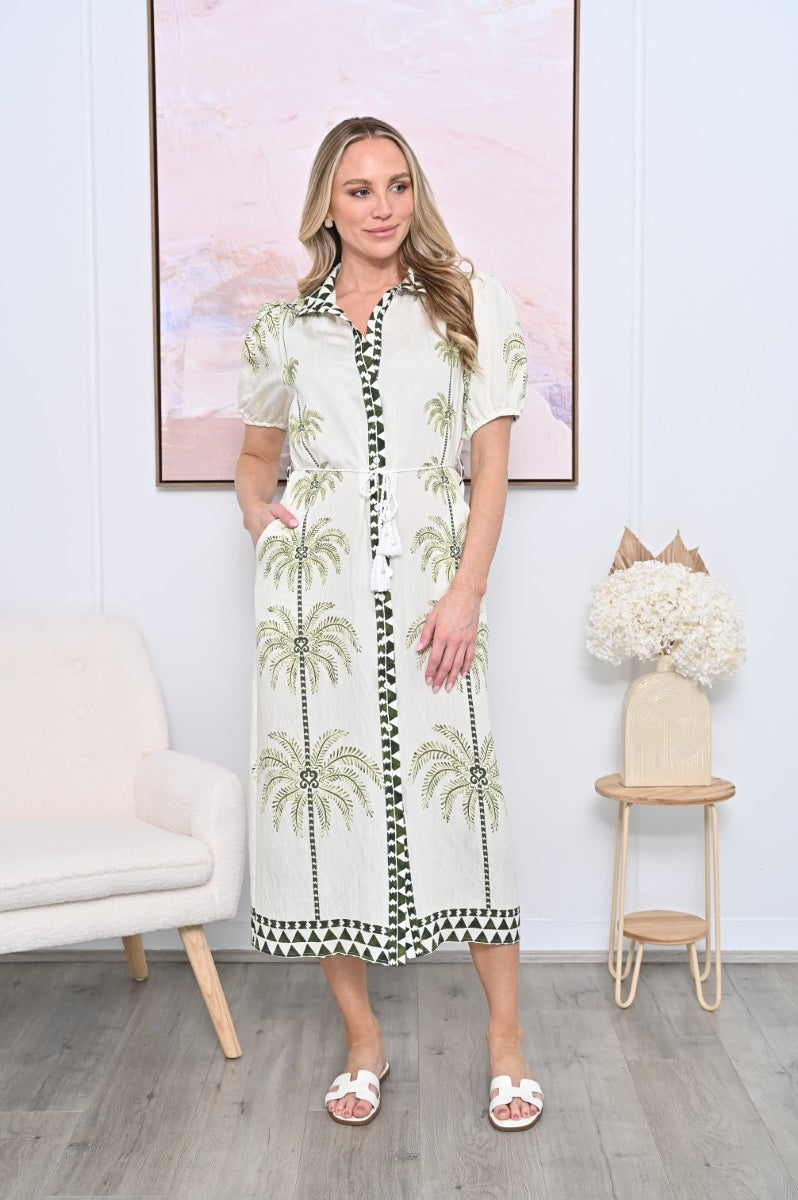 Stylish Santorini Palm Dress – Elegant Midi Sleeves