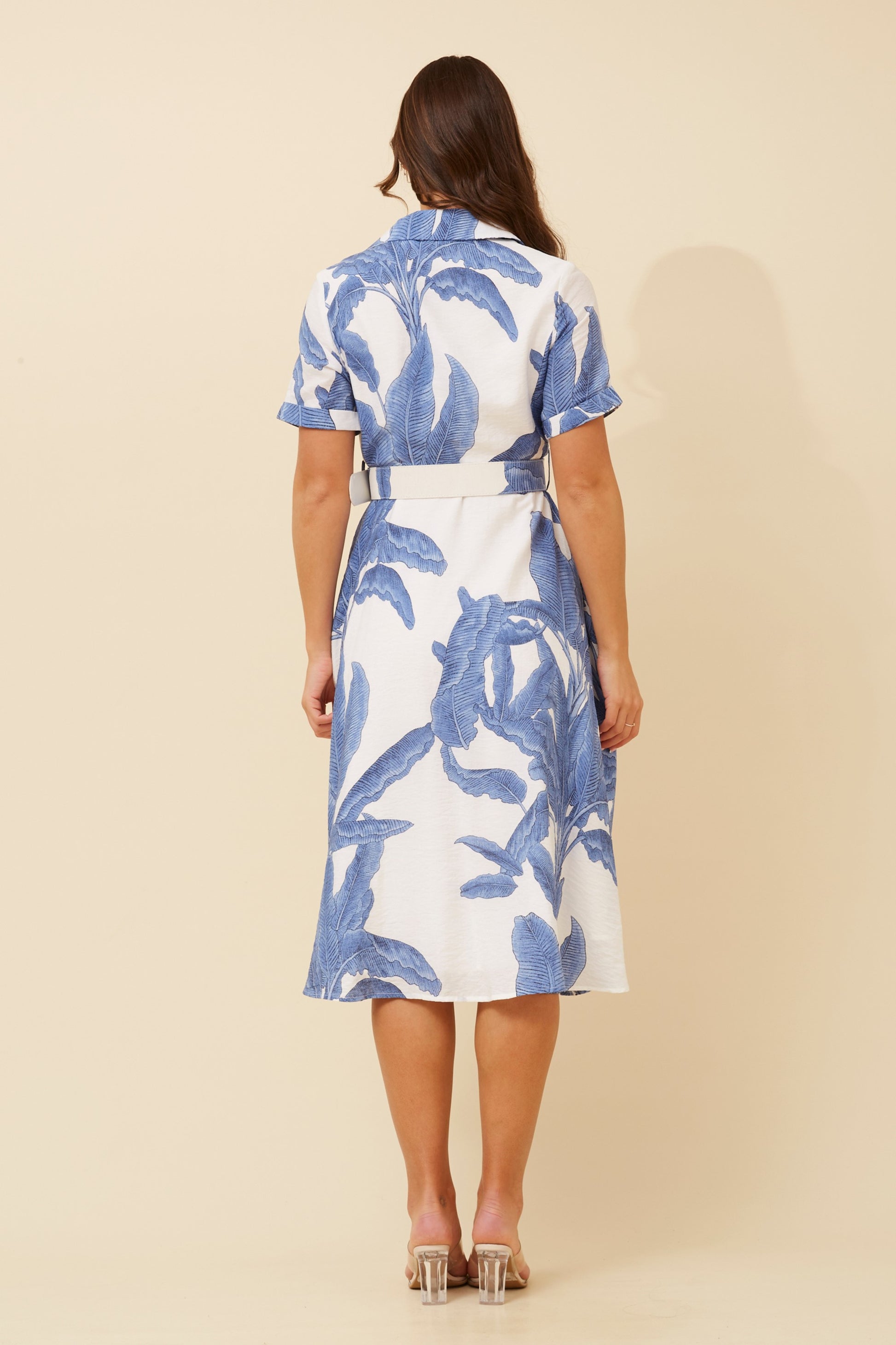 Women’s Shirt Dress – Blue & White Leaf Print Summer Look