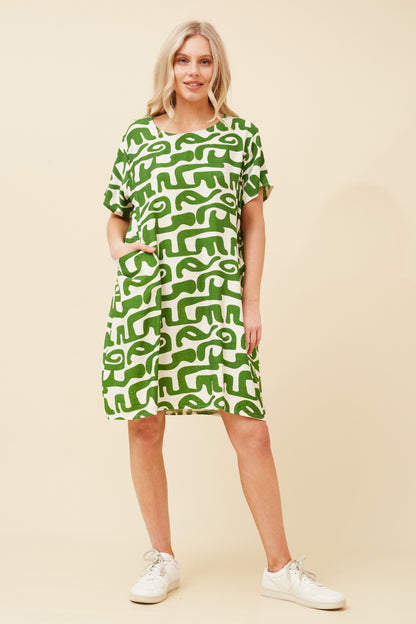 green & white printed dress