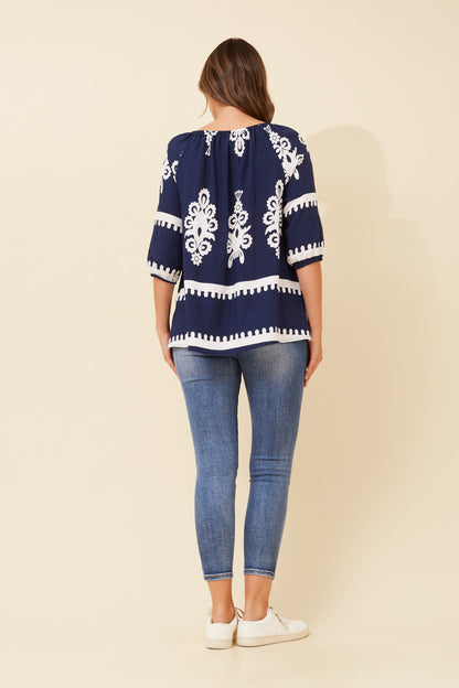 navy border print top