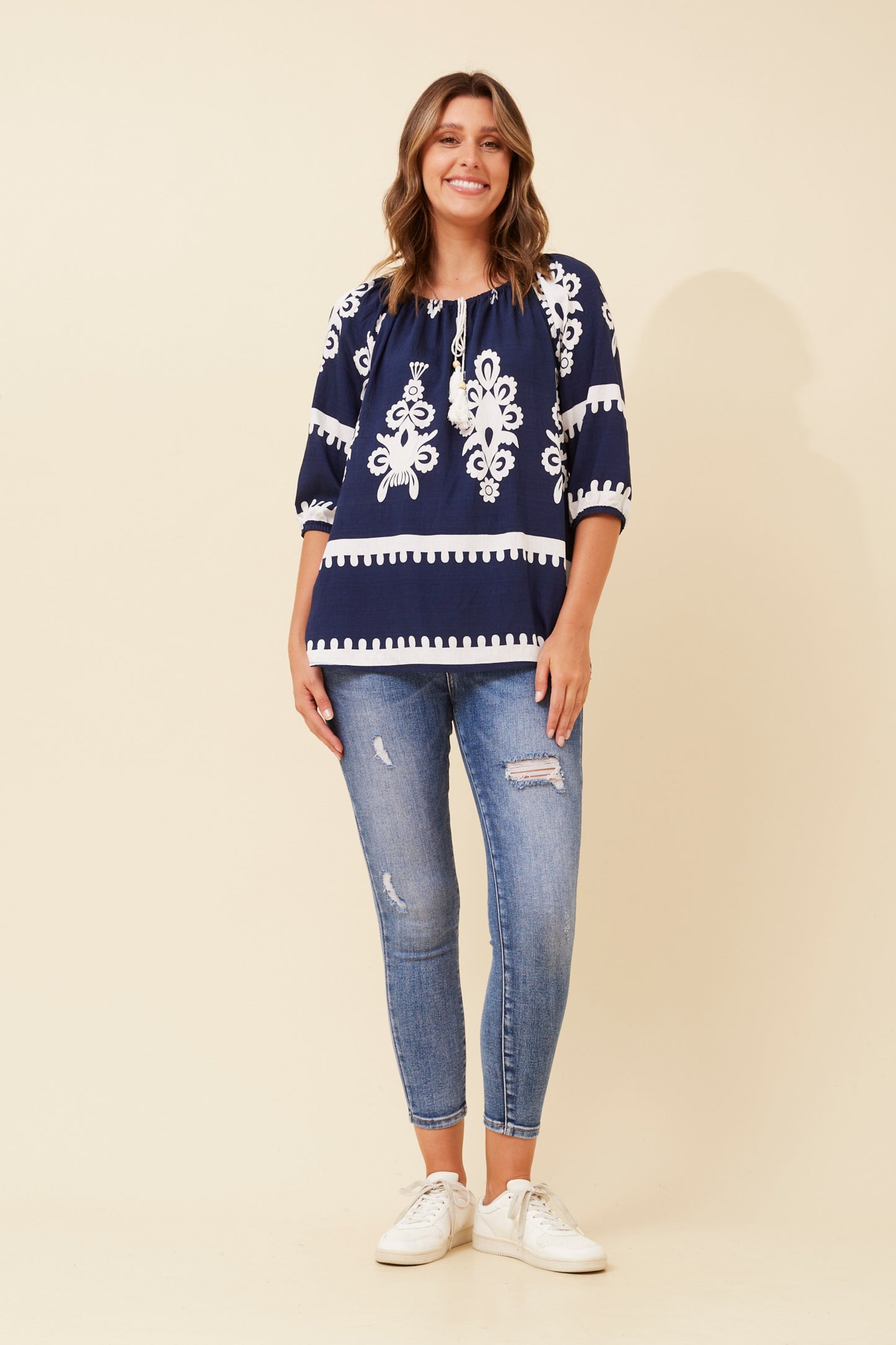 navy border print top