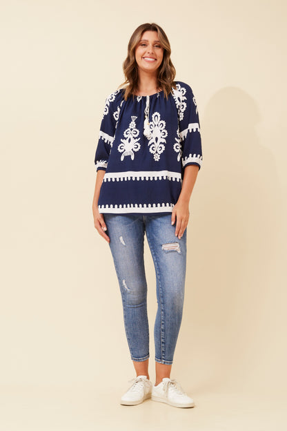 navy border print top